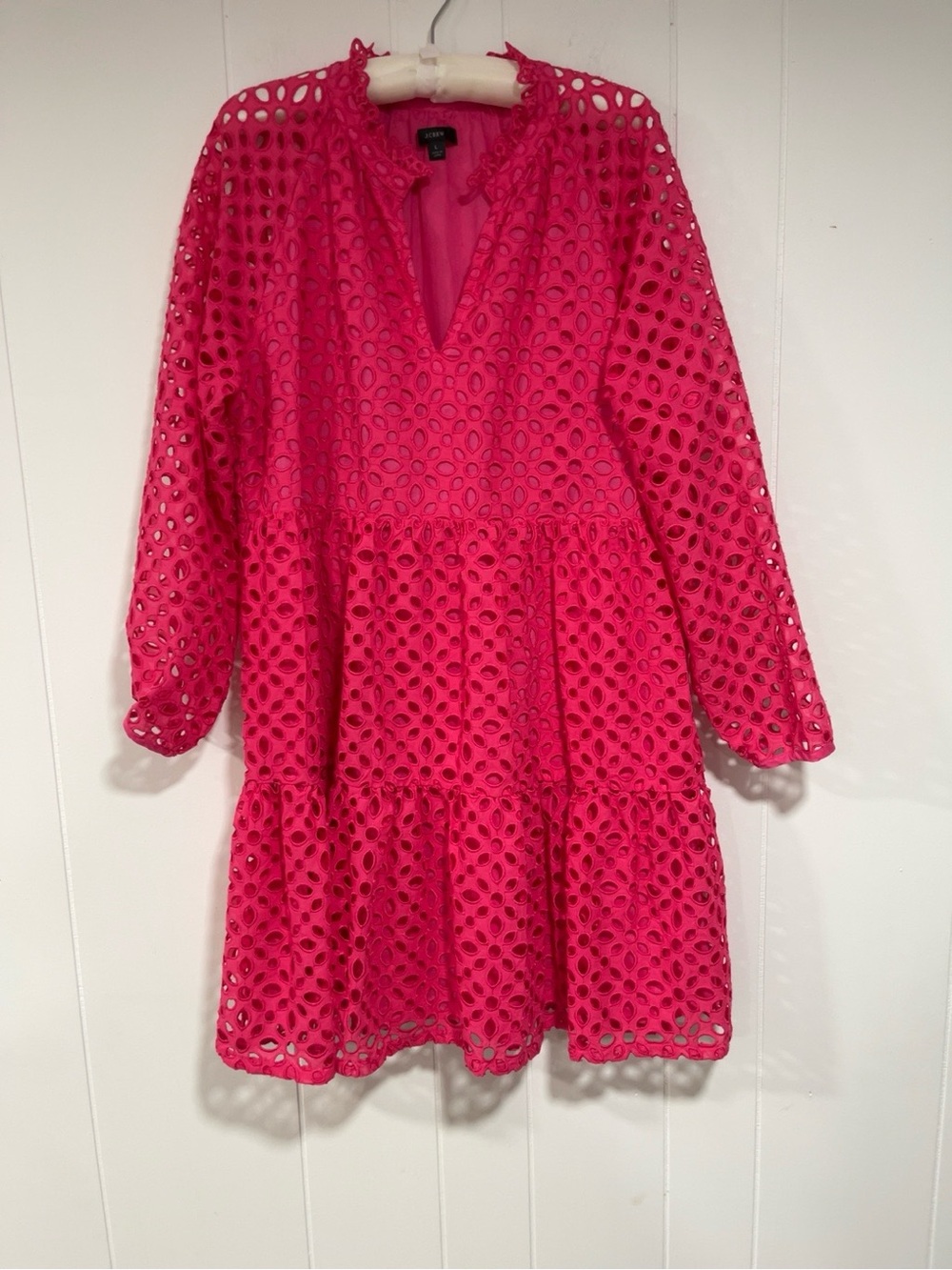 J. Crew Eyelet Long Sleeve Midi Dress in Bright Pink Pockets Barbiecore coquette - Picture 9 of 11